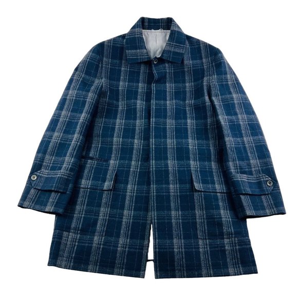 Brooklyn Tailors Blue & Gray Plaid Wool Overcoat Mens Size Size 1 - Picture 3 of 7